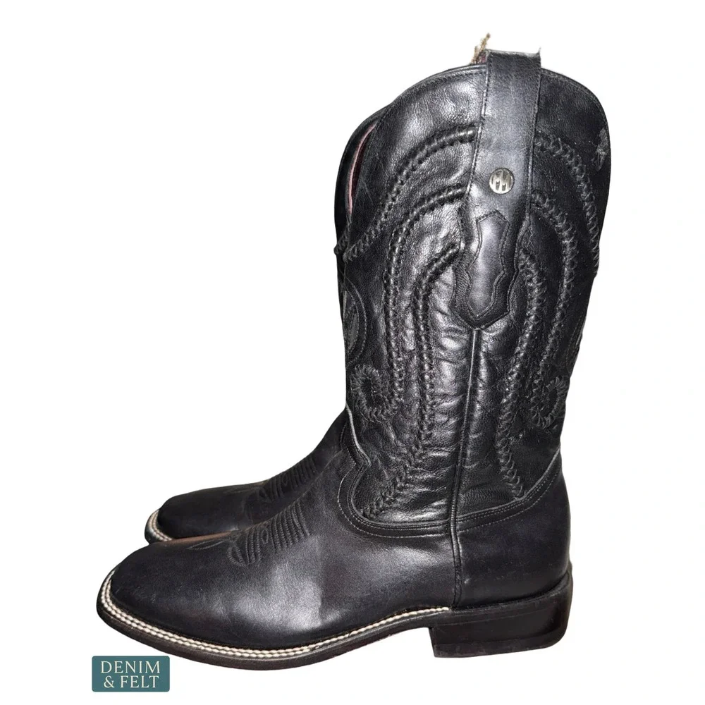 NEW Montana Black Leather Western Cowboy Boots Square Toe Ranch Rodeo US 9D Mens